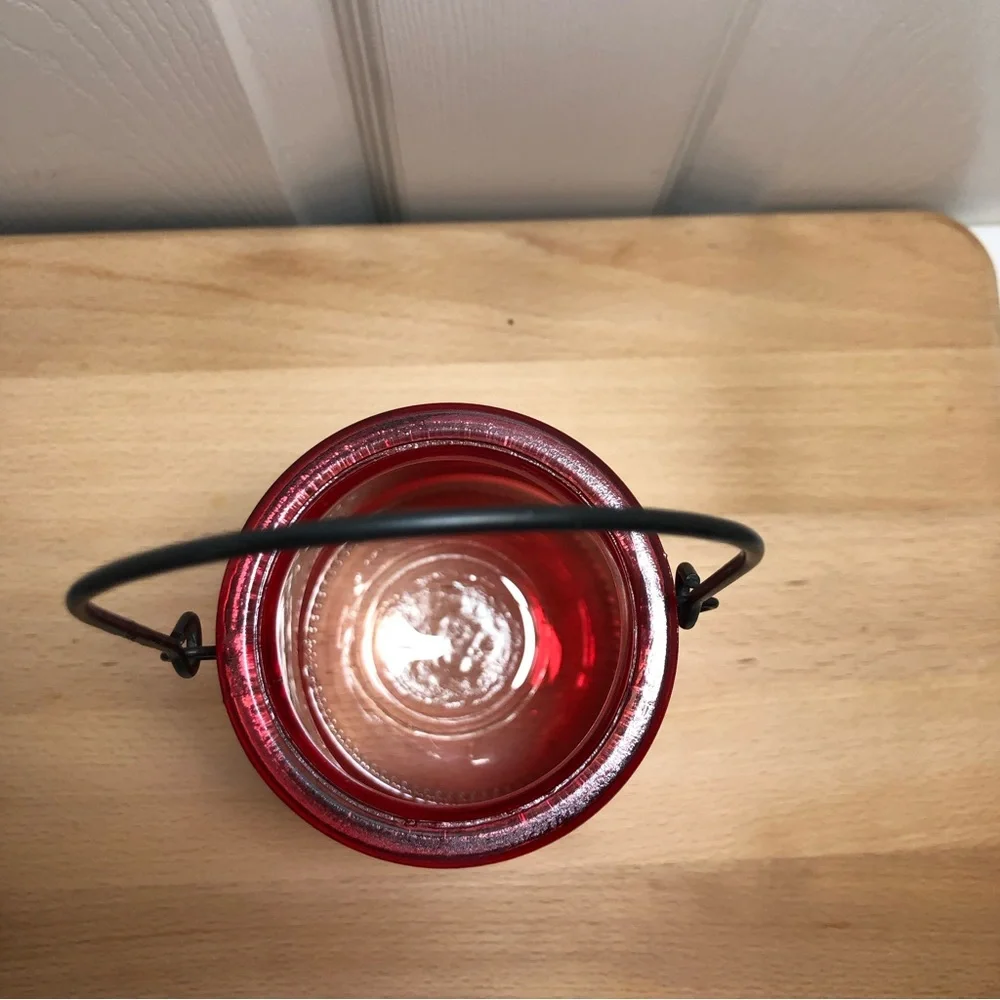 Genuine Crafted & Original Red Glass Ribbed Candle Holder with Metal Wire Handle